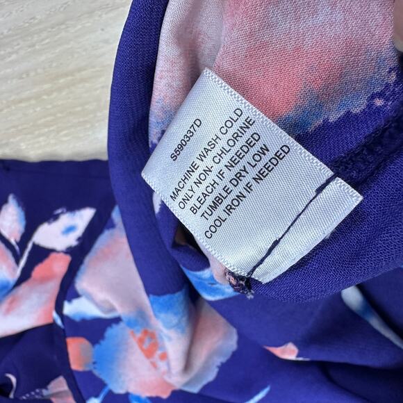 41 Hawthorn Blue Pink Floral Button Front Roll Tab Sleeve Casual Shirtdress LG - Picture 16 of 16